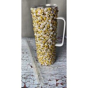 Gold White Pearl & Rhinestone Tumbler W/Handle 20oz Skinny W/Lid & Straw